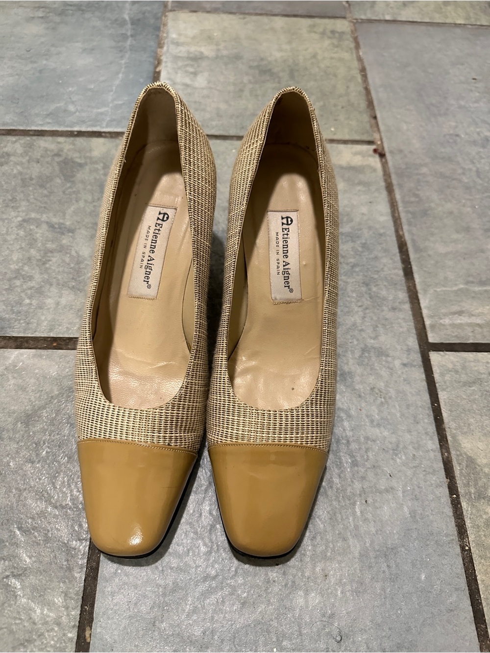 Vintage 80s Etienne Aigner Beige and Tan Textured Cap-Toe Pumps